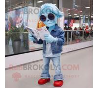 Personnage De Costume De Mascotte Redbrokoly De Mort-Vivant Bleu Ciel Habillé D'un Jean Flare Et De Lunettes De Lecture Multicolore