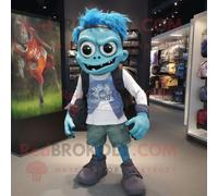 Personnage De Costume De Mascotte Redbrokoly De Mort-Vivant Bleu Habillé D'un T-Shirt Graphique Et De Sacs À Dos Multicolore