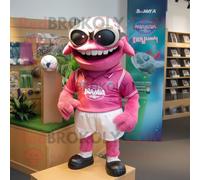 Personnage De Costume De Mascotte Redbrokoly De Piranha Rose Habillé D'un Maillot De Rugby Et De Lunettes De Soleil Multicolore
