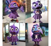 Personnage De Costume De Mascotte Redbrokoly De Piranha Violet Habillé Avec Une Jupe Crayon Et Des Noeuds Papillon Multicolore