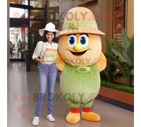 Personnage De Costume De Mascotte Redbrokoly De Salade César Aux Pêches Habillé Avec Un Jean Et Des Chapeaux De Maman Multicolore
