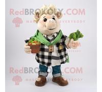 Personnage De Costume De Mascotte Redbrokoly De Salade César Blanche Habillé D'une Chemise En Flanelle Et De Colliers Multicolore