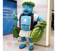 Personnage De Costume De Mascotte Redbrokoly De Salade César Cyan Vêtu D'une Chemise De Rugby Et De Sacs À Dos Multicolore
