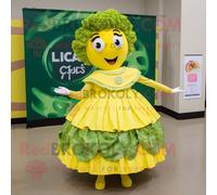 Personnage De Costume De Mascotte Redbrokoly De Salade César Jaune Habillé D'une Jupe Circulaire Et De Pinces À Cheveux Multicolore
