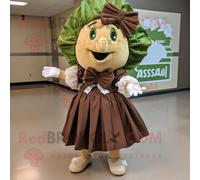 Personnage De Costume De Mascotte Redbrokoly De Salade César Marron Habillé D'une Robe Droite Et De Noeuds Papillon Multicolore