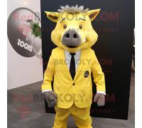 Personnage De Costume De Mascotte Redbrokoly De Sanglier Jaune Citron Habillé Avec Un Costume Et Des Épingles De Cravate Multicolore