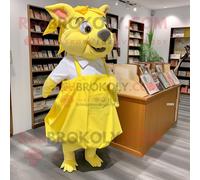 Personnage De Costume De Mascotte Redbrokoly De Sanglier Jaune Citron Habillé D'une Jupe Portefeuille Et De Sacs Fourre-Tout Multicolore
