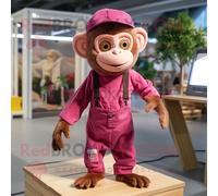 Personnage De Costume De Mascotte Redbrokoly De Singe Capucin Magenta Habillé D'une Salopette Et De Clips D'écharpe Multicolore