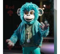 Personnage De Costume De Mascotte Redbrokoly De Singe Cyan Habillé D'un Cardigan Et De Bracelets Multicolore