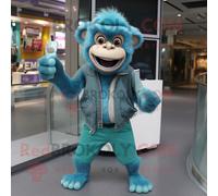 Personnage De Costume De Mascotte Redbrokoly De Singe Cyan Habillé D'un Cardigan Et De Bracelets Multicolore