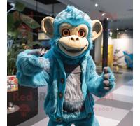 Personnage De Costume De Mascotte Redbrokoly De Singe Cyan Habillé D'un Cardigan Et De Bracelets Multicolore
