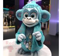 Personnage De Costume De Mascotte Redbrokoly De Singe Cyan Habillé D'un Cardigan Et De Bracelets Multicolore