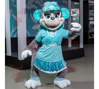 Personnage De Costume De Mascotte Redbrokoly De Singe Cyan Habillé D'une Mini Jupe Et De Bandeaux Multicolore