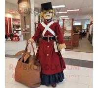 Personnage De Costume De Mascotte Redbrokoly De Soldat De La Guerre Civile Marron Vêtu D'une Jupe Crayon Et De Sacs Fourre-Tout Multicolore
