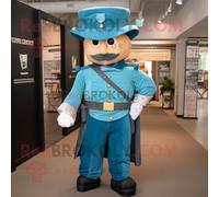 Personnage De Costume De Mascotte Redbrokoly De Soldat De La Guerre Civile Turquoise Habillé D'une Couverture Et De Sacs À Dos Multicolore