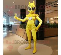 Personnage De Costume De Mascotte Redbrokoly De Super-Héros Jaune Citron Habillé D'une Robe De Cocktail Et De Broches Multicolore