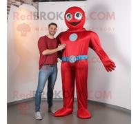 Personnage De Costume De Mascotte Redbrokoly De Super-Héros Rouge Habillé D'un Jean Boyfriend Et De Bretelles Multicolore