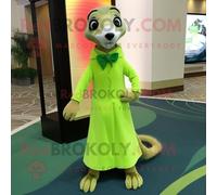 Personnage De Costume De Mascotte Redbrokoly De Suricate Vert Citron Vêtu D'une Robe Fourreau Et De Noeuds Papillon Multicolore