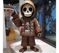 Personnage De Costume De Mascotte Redbrokoly De Tête De Mort Marron Habillé D'un Imperméable Et De Mitaines Multicolore