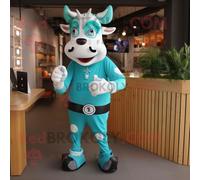 Personnage De Costume De Mascotte Redbrokoly De Vache Jersey Turquoise Vêtu D'un Jegging Et De Montres Connectées Multicolore