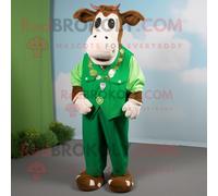Personnage De Costume De Mascotte Redbrokoly De Vache Verte De Guernesey Habillé D'une Chemise De Ville Et D'anneaux Multicolore