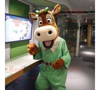 Personnage De Costume De Mascotte Redbrokoly De Vache Verte De Guernesey Habillé D'une Chemise De Ville Et D'anneaux Multicolore