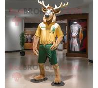 Personnage De Costume De Mascotte Redbrokoly De Wapiti Irlandais Doré Habillé D'un Bermuda Et De Broches Multicolore