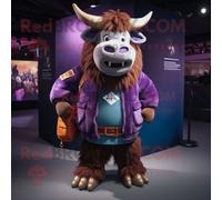 Personnage De Costume De Mascotte Redbrokoly De Yak Violet Habillé D'un Blouson Aviateur Et De Sacs À Main Multicolore