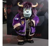 Personnage De Costume De Mascotte Redbrokoly De Yak Violet Habillé D'un Blouson Aviateur Et De Sacs À Main Multicolore