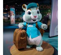 Personnage De Costume De Mascotte Redbrokoly D'écureuil Cyan Habillé D'un Short Cargo Et De Sacs À Main Multicolore