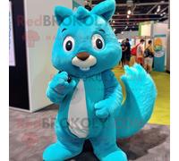 Personnage De Costume De Mascotte Redbrokoly D'écureuil Cyan Habillé D'une Combinaison Et De Colliers Multicolore