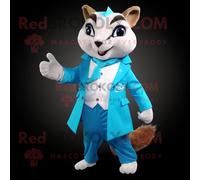 Personnage De Costume De Mascotte Redbrokoly D'écureuil Volant Cyan Habillé D'une Veste De Costume Et De Ceintures De Smoking Multicolore