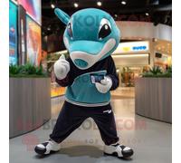 Personnage De Costume De Mascotte Redbrokoly D'épaulard Sarcelle Vêtu D'un Short De Course Et De Portefeuilles Multicolore