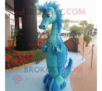 Personnage De Costume De Mascotte Redbrokoly D'hippocampe Bleu Ciel Habillé D'une Robe De Soirée Et De Pochettes Multicolore