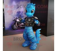 Personnage De Costume De Mascotte Redbrokoly D'hippocampe Bleu Ciel Habillé D'une Veste De Motard Et De Montres Numériques Multicolore