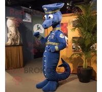 Personnage De Costume De Mascotte Redbrokoly D'hippocampe Bleu Marine Habillé D'un Jean Skinny Et De Boutons De Manchette Multicolore