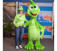 Personnage De Costume De Mascotte Redbrokoly D'hippocampe Vert Citron Vêtu D'un Jean Et D'un Chapeau De Maman Multicolore