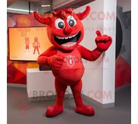 Personnage De Costume De Mascotte Redbrokoly Diable Rouge Habillé D'une Combishort Et De Bandeaux Multicolore