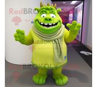 Personnage De Costume De Mascotte Redbrokoly D'ogre Vert Lime Habillé D'un Manteau Et D'une Écharpe À Pinces Multicolore