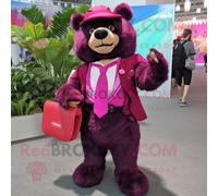 Personnage De Costume De Mascotte Redbrokoly D'ours À Lunettes Magenta Habillé D'un Costume Et De Sacs Messenger Multicolore