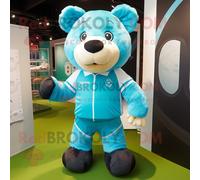 Personnage De Costume De Mascotte Redbrokoly D'ours Cyan Habillé D'une Chemise De Rugby Et De Sacs À Main Multicolore