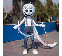 Personnage De Costume De Mascotte Redbrokoly Funambule Blanc Habillé D'un Jean Boyfriend Et De Clips D'écharpe Multicolore