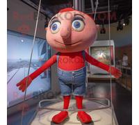 Personnage De Costume De Mascotte Redbrokoly Funambule Rouge Habillé D'un Short En Jean Et De Colliers Multicolore