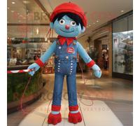 Personnage De Costume De Mascotte Redbrokoly Funambule Rouge Habillé D'un Short En Jean Et De Colliers Multicolore