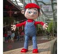 Personnage De Costume De Mascotte Redbrokoly Funambule Rouge Habillé D'un Short En Jean Et De Colliers Multicolore