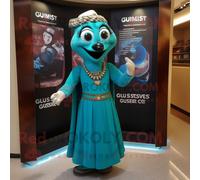 Personnage De Costume De Mascotte Redbrokoly Guinness Turquoise Habillé D'une Robe Portefeuille Et De Colliers Multicolore