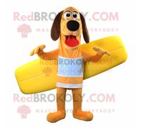 Personnage De Costume De Mascotte Redbrokoly Hot Dogs Jaune Habillé D'un Short De Bain Et De Noeuds Papillon Multicolore