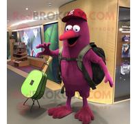 Personnage De Costume De Mascotte Redbrokoly Magenta Kiwi Habillé D'un Jean Bootcut Et De Sacs Messenger Multicolore