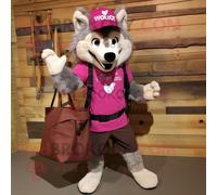 Personnage De Costume De Mascotte Redbrokoly Magenta Say Wolf Habillé Avec Un Short Cargo Et Des Sacs Fourre-Tout Multicolore