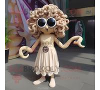 Personnage De Costume De Mascotte Redbrokoly Medusa Beige Habillé D'une Jupe Trapèze Et De Lunettes De Soleil Multicolore